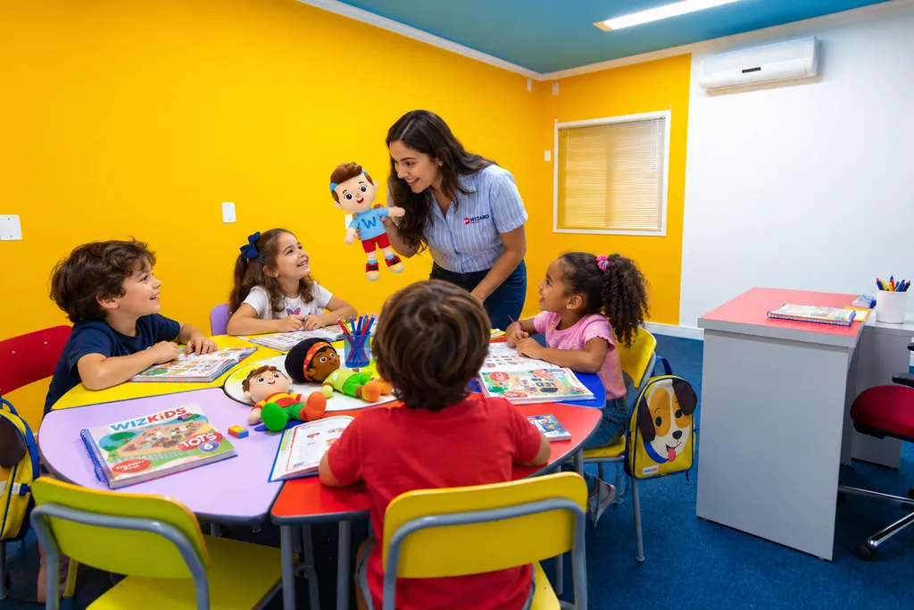 Professora brincando com um boneco junto à turma Tots, com as crianças sorrindo ao redor de uma mesa colorida com os livros do curso