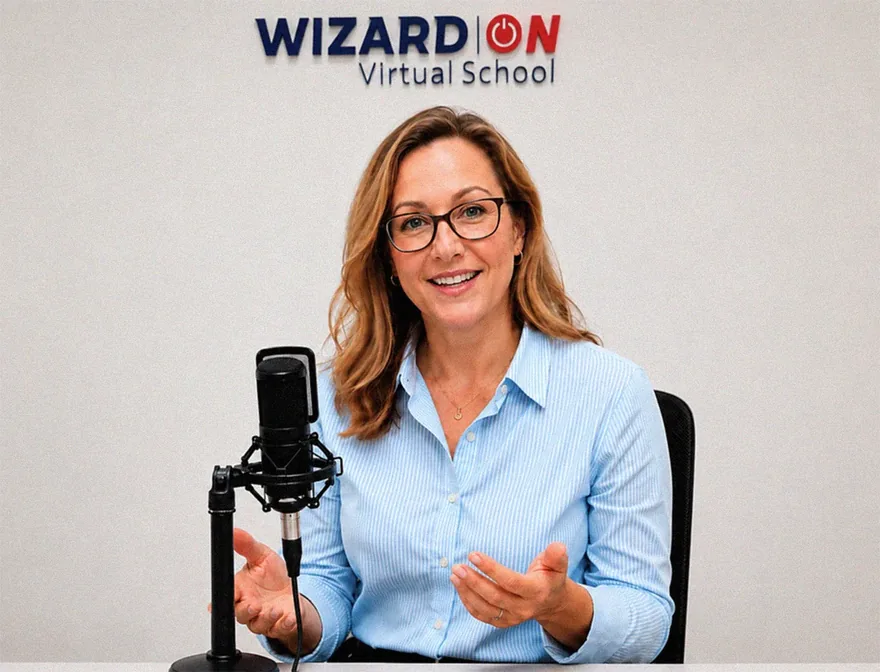 Professora da Wizard conduzindo uma aula online ao vivo, falando com os alunos pela câmera
